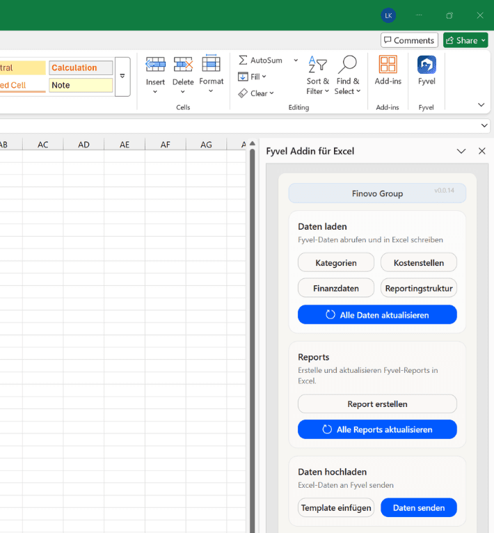 Fyvel Excel Add-in mit Reports und Daten laden
