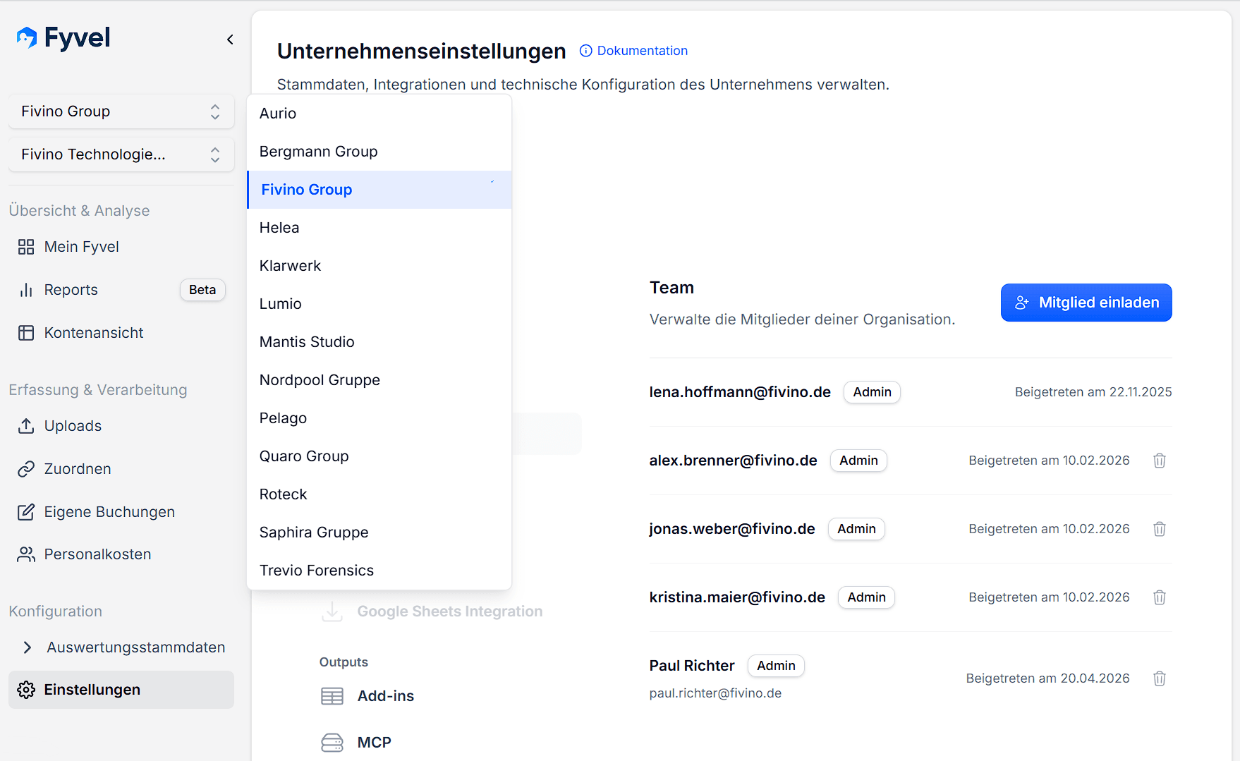 Sidebar mit Mandantenauswahl und Teameinstellungen für Teammitglieder