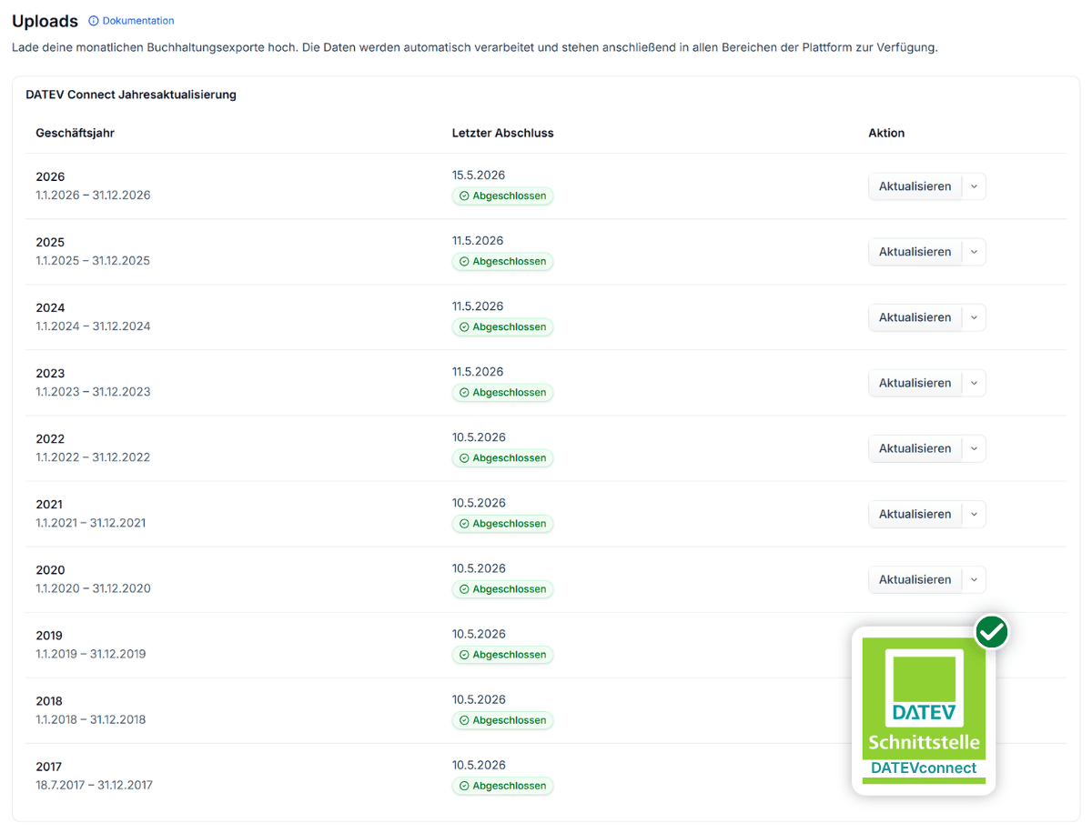 Upload-Bereich mit DATEV-Datei und Upload-Historie